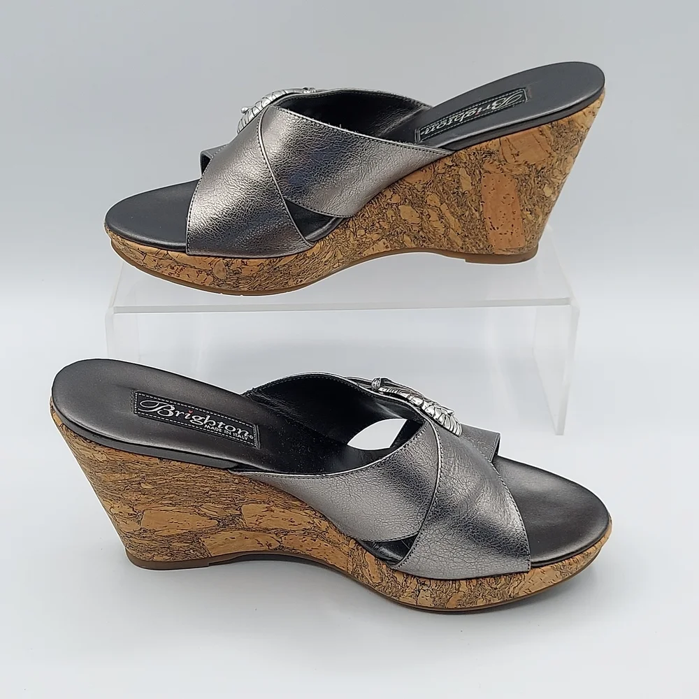 Brighton Summer Made In Italy Platfrom Cork Wedge Heel Sandals Pewter Women's 7